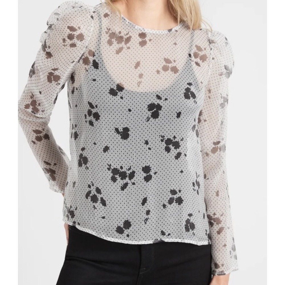 Banana Republic Blouse Size S Long Ruched Sleeve See Thur Black White Floral - Picture 1 of 10